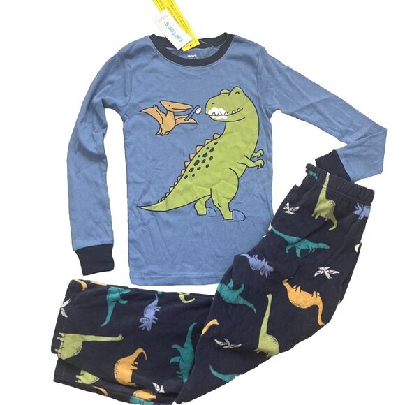 New Carters Boys Dinosaur Pajama set 2 pc Fleece Pants Size 8 - Picture 1 of 3